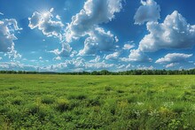 Blue Sky With White Clouds Background. Summer Day. Panorama.