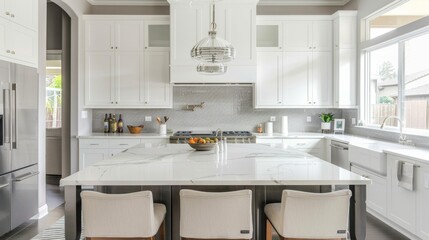 Modern kitchen interior with white cabinet marble island and two bar chairs. --ar 16:9 Job ID: fb18a41c-fcea-4547-818e-fdc7d3f96509
