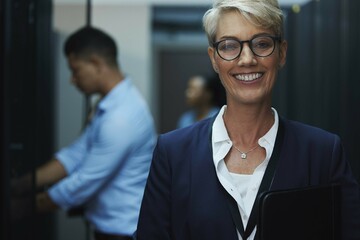 Poster - Data center, server room and portrait of woman with team for programming, coding and information technology. Cybersecurity, IT and technician manager for inspection, maintenance and software backup