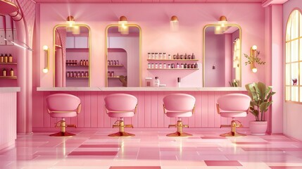 stylish pink hair salon interior with professional hairdresser tools gold accents modern beauty parlor design digital illustration