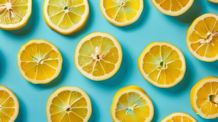 Wall Mural - vibrant lemon slices pattern on turquoise background minimal flat lay food texture