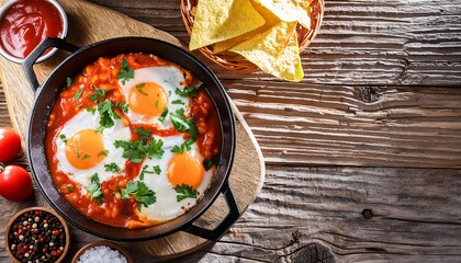 Huevos rancheros, a dish of fried eggs, tortillas, and tomato sauce, Mexican cuisine, generative AI