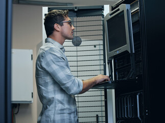 Sticker - Man, computer and server room with hardware for security, firewall and safety from cyber attack. Cybersecurity specialist, tech and data center with software for digital forensic analysis or coding