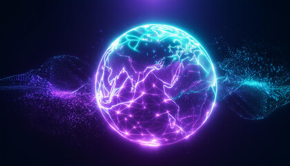 Wall Mural - neon energy sphere of particles and waves of magical glowing. abstract round shape.