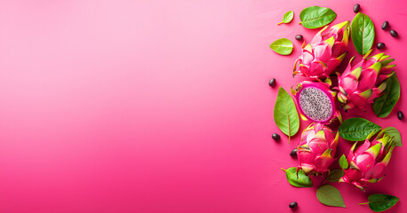 Wall Mural - Pink background with a bunch of red dragon fruit. The fruit is surrounded by leaves. Creative concept of dragon fruit on the pink background. Exotic fruits and leaves. Food concept