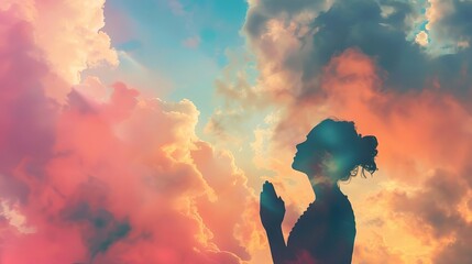 Sticker - woman praying silhouette colorful cloudy sky worship concept