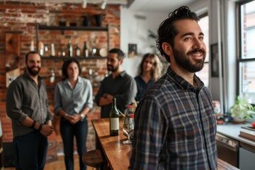 Wall Mural - Portrait of a handsome young man standing in a bar with his colleagues in the background