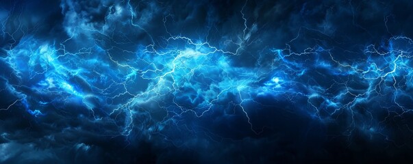 Wall Mural - Dramatic blue lightning bolts illuminate dark night sky, perfect for backgrounds, wallpapers, and weather-related themes.