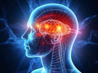ing of a human head with a glowing, illuminated brain illustrating neurological activity and brain f