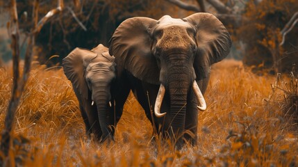 Wall Mural - close-up shot, two elephants in jungle with dried grass