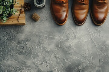 Wall Mural - A pair of brown shoes next to a bottle of wine. Suitable for lifestyle and celebration concepts