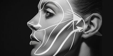 Poster - Woman's face with arrows drawn on it, suitable for medical or skincare concepts