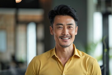 Canvas Print - A man in a yellow shirt smiling at the camera. Suitable for various concepts