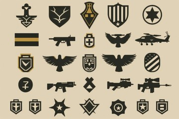 A variety of military badges and insignias for different branches and ranks. Suitable for military-themed designs
