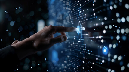 hand touching a flowing data set, concept for coding, created with generative AI technology