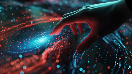 hand touching a flowing data set, concept for coding, created with generative AI technology