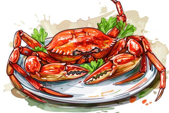 a realistic drawing of a crab on a plate. suitable for seafood restaurant menus