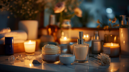 A tranquil nighttime skincare routine with luxurious creams, serums, and masks on the dressing table.