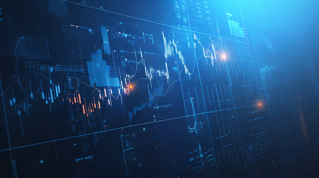 A stock market graph and the dark blue background with white numbers on screens