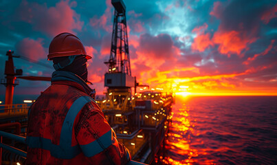 Worker on the offshore oil and gas platform in the middle of the sea,
