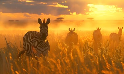 Wall Mural - Zebras in Sunset