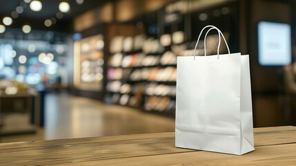 white shopping bag on wooden table over blurred store background