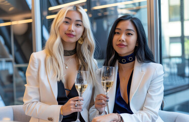 Sticker - two young women elegantly sitting on the sofa and drinking wine together.