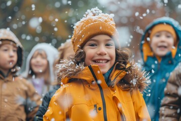 Wall Mural - selective focus of happy kids in raincoats looking at camera during snowfall