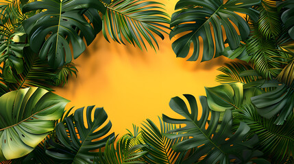 Wall Mural - Leafy tropical plants form a circular pattern on a sunny yellow backdrop