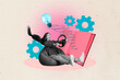 © deagreez - 3D photo collage composite trend sketch image of workspace cogwheel virtual space smart idea lamp young lady hold car wheel sit beanbag
