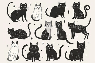  Cute Cats Set, Pet Animal Symbols, Hand Drawn Cat Icons Silhouettes, Funny Kitten Character Drawings