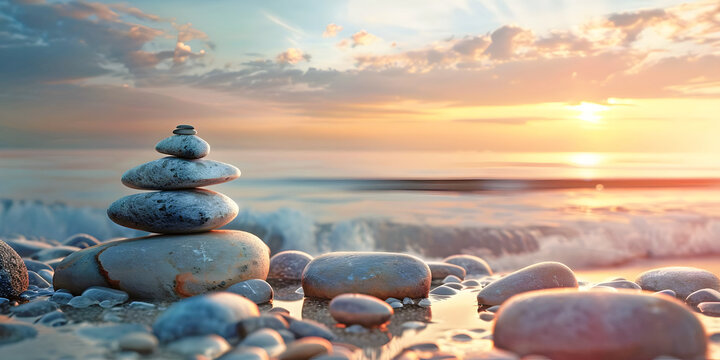 Sunset cloudscape and stone stack spiritual background - 5 stones perfectly balanced in stack on beach with pink yellow sunset in background and waves crashing on shore ideal for a wall art canvas
