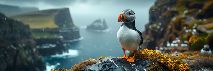 Exploring rugged coastline of the Faroe Islands a colony of puffins gathers for their annual nesting season their colorful beaks and distinctive markings a striking contrast to the stark cliffs