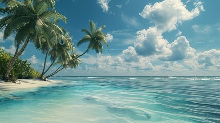 Wall Mural - This is a beach scene. There are palm trees, white sand, blue water, and a blue sky with white clouds.

