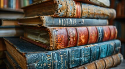 Wall Mural - A close-up photo of a stack of old books with worn covers, hinting at the vast knowledge and stories they hold.