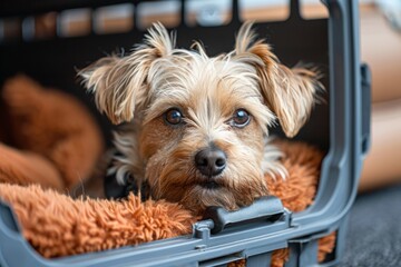 Dog, puppy in pet carrier