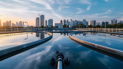 A water treatment plant with large circular tanks and long pipes, surrounded by city buildings in the background.
