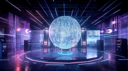 futuristic digital technology background with a virtual sphere of binary codes in a futuristic technology room, modern cyber tech wallpaper, internet data 