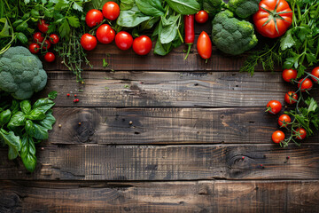 Fresh vegetables and herbs on wooden background, healthy food concept. Copy space for text