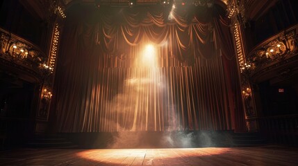 theater stage with ornate curtains and a spotlight shining on a solo performer