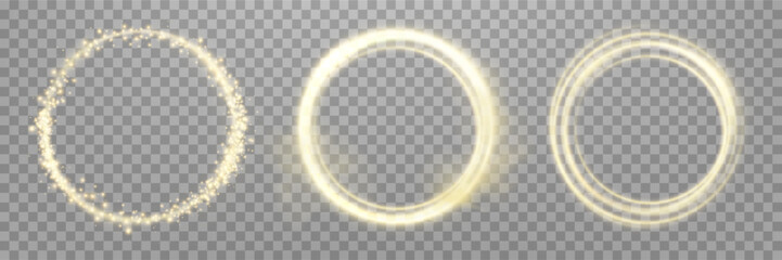 Gold magic glowing rings. Neon realistic energy flare halo ring. Abstract light effect on a transparent background. Vector illustration.