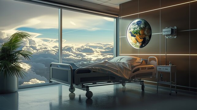 This is an image of a hospital bed with an Earth-shaped pillow on it, lying between white sheets.

