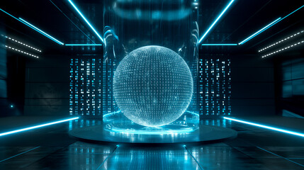 futuristic digital technology background with a virtual sphere of binary codes in a futuristic technology room, modern cyber tech wallpaper, internet data 