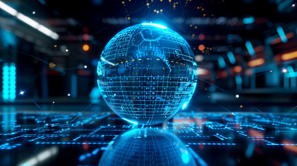 futuristic digital technology background with a virtual sphere of binary codes in a futuristic technology room, modern cyber tech wallpaper, internet data 