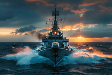Battleship war ship sailing in sea