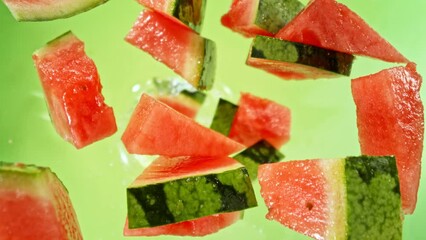 Aufkleber - Super Slow Motion of Falling Water Melon Slices into Water, Colored Background. Filmed on High Speed Cinema Camera, 1000 fps. Camera Tracking the Target.