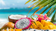 © Myroslava - Tropical fruits, mango, papaya, pineapple, coconut with sandy beach, sea and tropical palm in the background