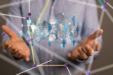 holding 3d rendering group of blue people