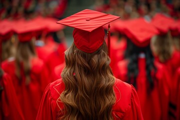 Vibrant magazine photography highlighting the festive atmosphere of a graduation ceremony with red graduation uniform