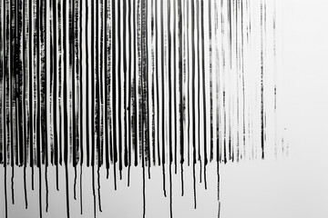 A series of thin, parallel lines of midnight black acrylic paint, meticulously drawn on a solid white background, creating an abstract barcode effect.